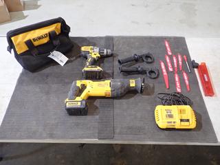 Dewalt DCS380 Variable Speed Cordless Reciprocating Saw C/w Dewalt DCD996 1/2in Cordless Hammer Drill/Drill Driver, (2) 20V Batteries, Charger, Tool Bag And Qty Of Reciprocating Saw Blades