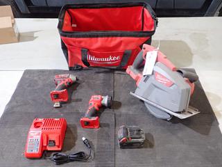 Milwakee 2982-20 8in 18V Metal Cutting Circular Saw C/w Milwaukee 2656-20 1/4in 18V Hex Impact Driver, Milwaukee LED Work Light, M12/M18 Battery Charger, 18V Battery And Tool Bag
