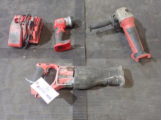 Milwaukee Sawzall 18V Reciprocating Saw C/w Milwaukee 4 1/2in 18V Cut-Off/Angle Grinder, Milwaukee 18V LED Work Light, M12/M18 Charger And (1) 18V Battery