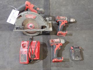 Milwaukee 2731-20 7 1/4in 18V Circular Saw C/w Milwaukee 2656-20 1/4in 18V Hex Impact Driver, Milwaukee 2606-20 1/2in 18V Drill Driver, 18V Battery And M12/M18 Battery Charger