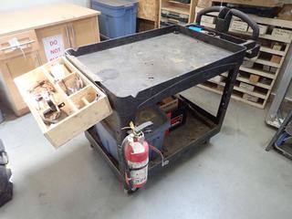 44in X 25in X 33in Rubbermaid 2-Tier Shop Cart C/w Qty Of Floor Dry, Fire Extinguisher And Misc Supplies