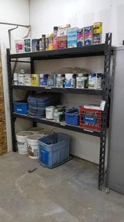 6ft X 2ft X 78in Shelving Unit C/w Plywood Shelves And Qty Of Assorted Opened Paints, Cleaners And Sealants