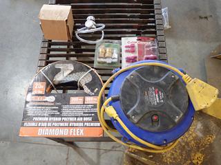Unused Grip 12663 25ft 3/8in Hydrid Polymer Air Hose C/w Qty Of Assorted Air Hose Fittings/Couplers, Portagas Regulator And Reelworks 33ft 16AWG 125V Auto Retract Cord Reel