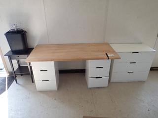61in X 30in X 30in 6-Drawer Desk C/w 32in X 17in X 30in 3-Drawer Cabinet, 18in X 14in X 28in End Table, Garbage Cans And Contents