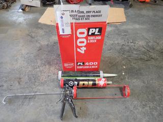 Unused Lepage 400PL Subfloor And Deck Construction Adhesive C/w Caulking Gun And Assorted Opened Sealants And Adhesive Tubes