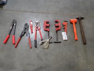 Qty Of Assorted Hand Tools Inclides: 1/2in-2 1/2in Pipe Cutters, 14in Pipe Wrench, Hammers, Bolt Cutter And Crimpers