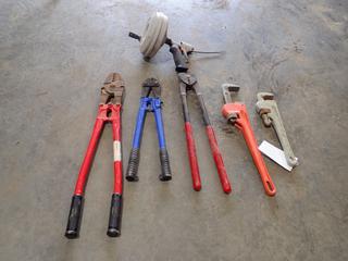 Qty Of Assorted Hand Tools Includes: 14in And 18in Pipe Wrench, Ridgid Quick-Spin, Bolt Cutters And Crimper 