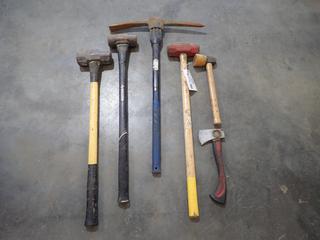 Qty Of (3) Sledge Hammers C/w Pick Axe, Hatchet And Rubber Mallet