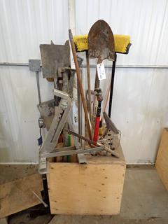 Qty Of Assorted Hand Tools Includes: Post Digger, Shovels, Benders, Mixers, Scrapers And 2ft X 2ft X 2ft Plywood Base