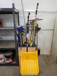 Qty Of Assorted Hand Tools Includes: Shovels, Scrapers, Brooms, Quick Support Rods, Squeegees And (2) 1ft X 2ft X 2 1/2in Plywood Tool Organizers