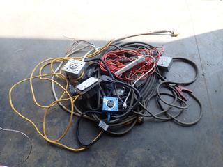Qty Of Assorted Electrical Conduit Boxes w/ Cable C/w Assorted Teck And General Cable And Booster Cables