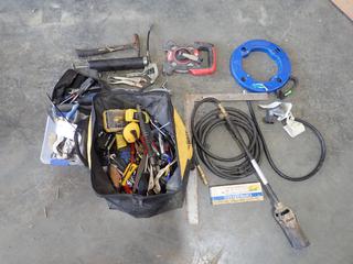 Dewalt Tool Bag, Tiger Torch, 100ft Fish Tape, 100ft Open Real Tape, Pliers, Shears, Grease Gun And Assorted Hand Tools