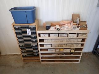 16in X 10in X 38in Plywood Shelving Unit w/ Parts Organizers C/w 10in X 35in X 34in Plywood Shelving Unit w/ Storage Boxes And Qty Of Assorted Carpentry And Building Supplies