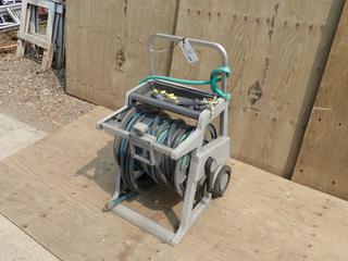 Garden Hose Reel C/w (2) Hoses, Yardworks 360Deg Sprinkler And 4-Way Splitter