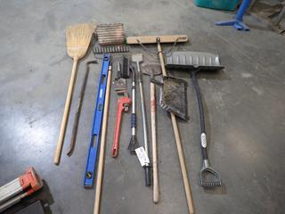 Qty Of Assorted Hand Tools Includes: Westward 24in Pipe Wrench, Scrapers, Pry Bar, Rake And Powerfist 4ft Level