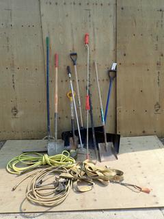 Qty Of Assorted Hand Tools And Supplies Includes: Flexzilla Air Hose, Shovels And Rake