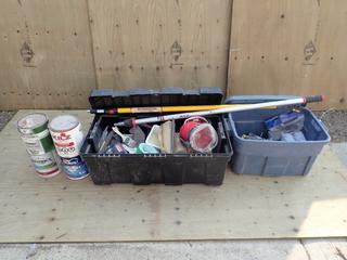 Qty Of Misc Painting Supplies C/w 33in X 19in X 13in GSC Storage Tote And Qty Of Assorted Unopened Paint Cans