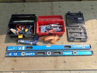 Glue Guns, (2) 4ft Empire Levels, (2) 16in Tool Boxes, Mastercraft Drill Bit Set And Assorted Hand Tools And Supplies