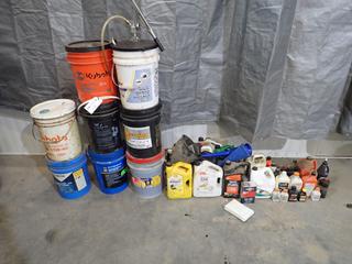 Qty Of Assorted Opened Container Oils And Vehicle Fluids
