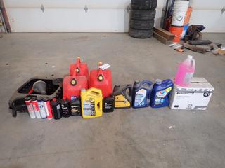 Qty Of Unused Oil And Vehicle Fluids C/w (3) Jerry Cans And Drip Trays