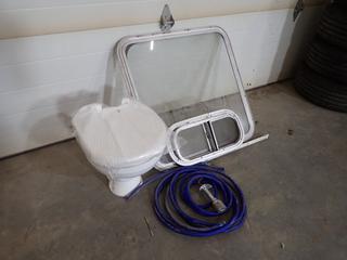 Unused SPXFlow Marine Toilet w/ Johnson 12V Pump C/w Qty Of Hose, 30in X 30in Window And 20in X 10in Window