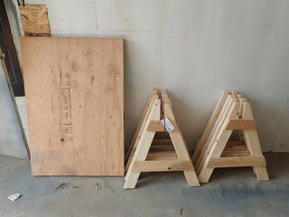 Qty Of (8) 26in X 26in Sawhorse Frames C/w 48in X 33in Plywood Top
