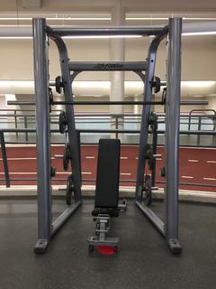 Life Fitness Signature Series Smith Machine c/w Hammer Strength Adjustable Bench & Assorted Weight Plates.