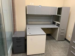 L-Shaped Work Station c/w Upper Cabinets, Shelves, Cabinets & Drawers, 75"x 59"x 65".
