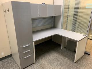 L-Shaped Work Station c/w Upper Cabinets, Shelves, Cabinets & Drawers, 75"x 59"x 65".
