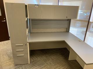 L-Shaped Work Station c/w Upper Cabinets, Shelves, Cabinets & Drawers, 76"x 66"x 65".
