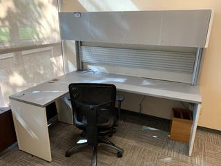 L-Shaped Work Station c/w Upper Cabinets, 78"x 54"x 65".
