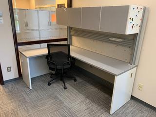 L-Shaped Work Station c/w Upper Cabinets, 78"x 54"x 65".
