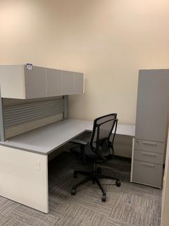 L-Shaped Work Station c/w Upper Cabinets, Shelves, Cabinets & Drawers, 66"x 76"x 65".
