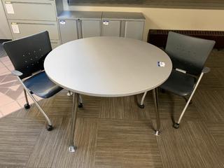 48" Diameter Table c/w (2) Plastic Rolling Chairs.