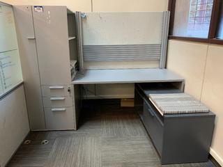 Work Station c/w Shelves, Drawers, Cabinets & Bench, No Divider, 84"x 30"x 65".
