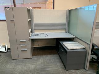 Work Station c/w Shelves, Drawers, Cabinets, Bench & Divider, 87"x 30"x 65".
