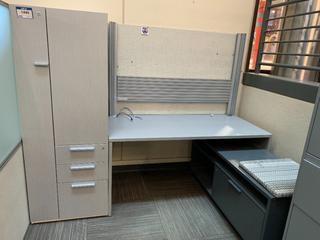 Work Station c/w Shelves, Drawers, Cabinets & Bench, No Divider, 85"x 30"x 65".
