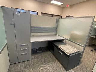 Work Station c/w Shelves, Drawers, Cabinets, Bench & Divider, 87"x 30"x 65".
