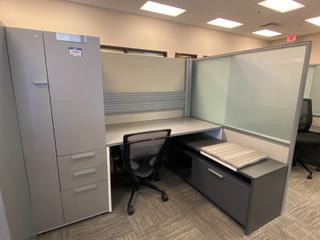 Work Station c/w Shelves, Drawers, Cabinets, Bench & Divider, 87"x 30"x 65".
