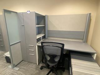 Work Station c/w Shelves, Drawers, Cabinets, Bench & Divider, 87"x 30"x 65".
