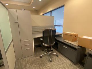 Work Station c/w Shelves, Drawers, Cabinets, Bench & Divider, 87"x 30"x 65".
