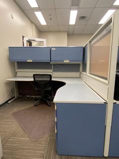 (2) L-Shaped Work Stations c/w Upper Cabinets, 3-Drawer File Cabinet & Dividers, Total Measurement 15'x 80".
