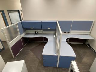 (2) L-Shaped Work Stations c/w Upper Cabinets, 3-Drawer File Cabinet & Dividers, Total Measurement 15'x 80".
