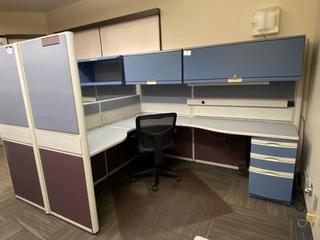 (2) L-Shaped Work Stations c/w Upper Cabinets, 3-Drawer File Cabinet & Dividers, (Each Station Measures 84"x 67"x 65").