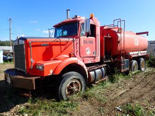 1990 Kenworth Water Truck C/w Chelsey PTO, Morse A/T, T/A, Rubber Block Over Walking Beam Suspension, 13,500L Cap. Tank, Turbines Inc. MS208 FM0208 Flow Monitor, Bomega Tank And Storage Box, Gorman Rupp Pump. Showing 14,979kms, 6886hrs. VIN 2NKGL?9X8LM924818 *Note: Incomplete VIN, Running Condition Unknown, Dash Partially Dissassembled, Tires Off Rim, Low Tires*