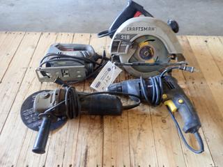 Mastercraft 120V 4 1/2in Angle Grinder C/w Craftsman 315 120V 7 1/4in Circular Saw, Mastercraft 120V 3/8in Drill And Black And Decker 115V Variable Speed Jigsaw