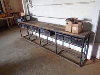 9ft X 14in X 30in Work Bench C/w Storage Boxes And Contents