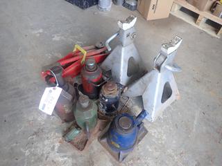 Qty Of Assorted Bottle Jacks C/w (2) 6-Ton Adjustable Stands And (1) Floor Jack *Note: (4) Bottle Jacks Seized*