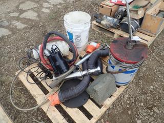 Bucket w/ Pump, Sprayer, Trailer Drain Hose, Submersible Utility Pump w/ Hose And Misc Supplies