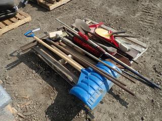 Qty Of Brooms, Dust Pans, Shovels, Spades w/ No Handles, Squeegee And Snow Scraper